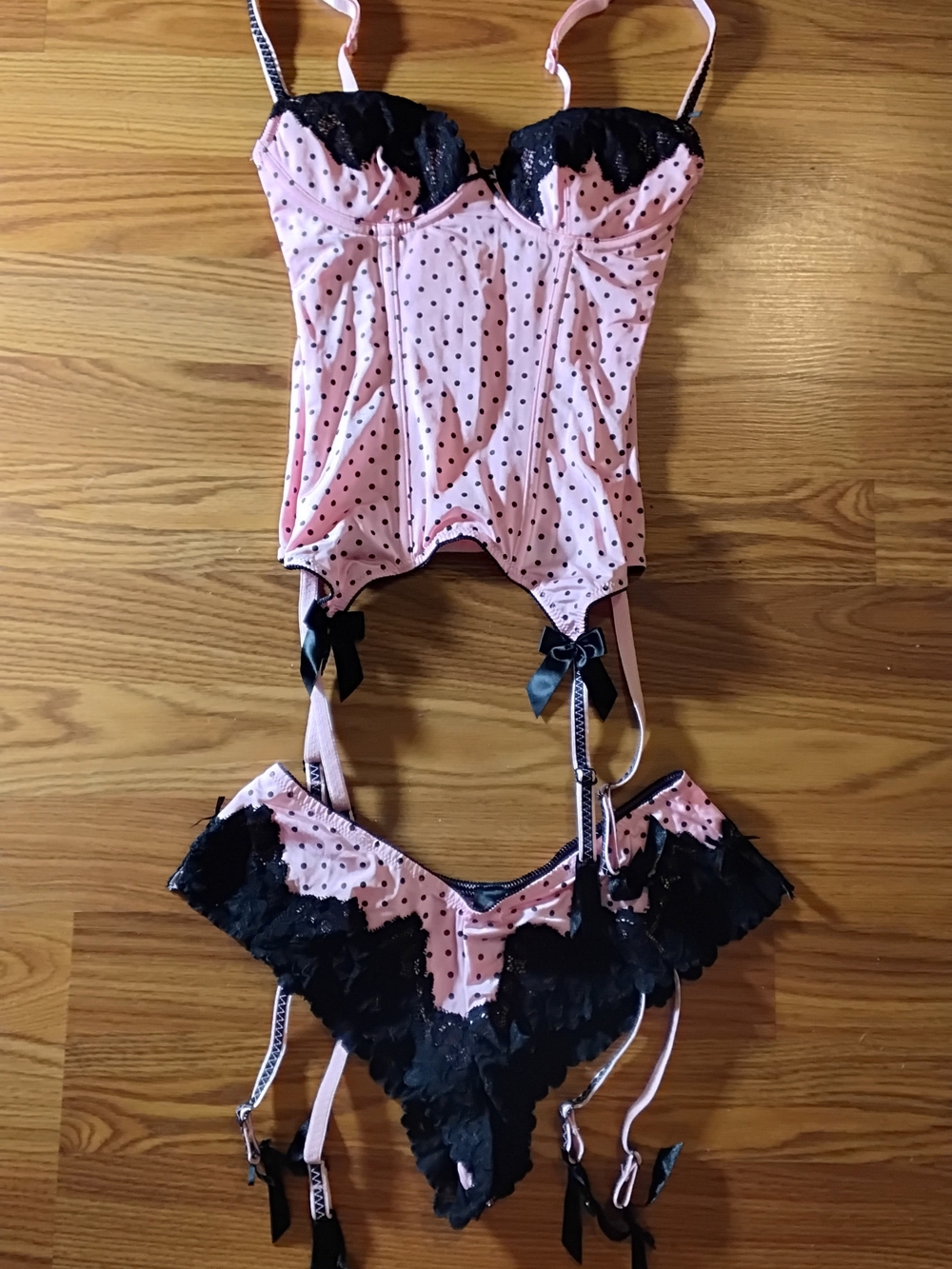 La SENZA Pink and Black Polka Dot Lace Bustier Set